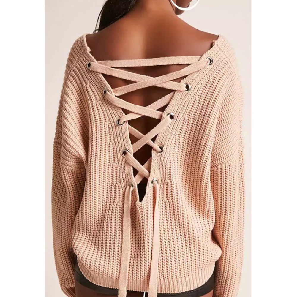 VICTORIA Lace up Back Sweater - NUDE - Picture 2 of 4